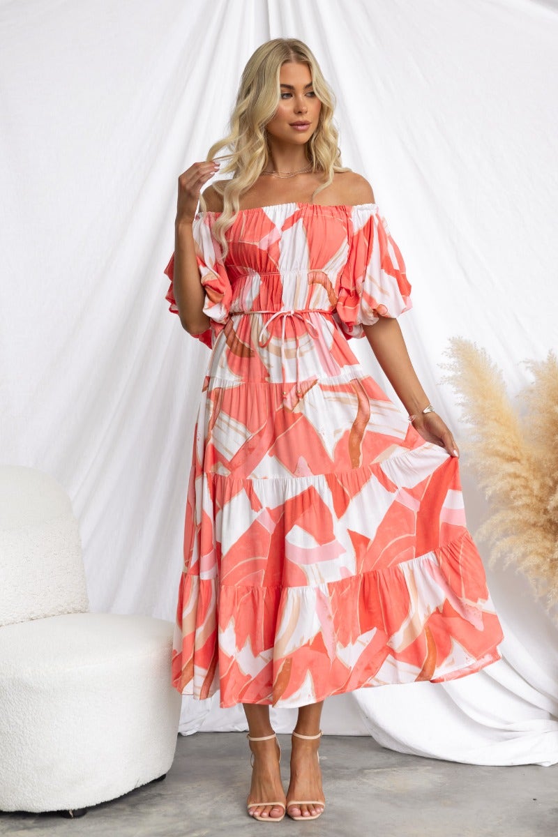 Quetta Midi Dress featuring multi-colour print, off-shoulder design, and elastic waistband for a comfortable fit.