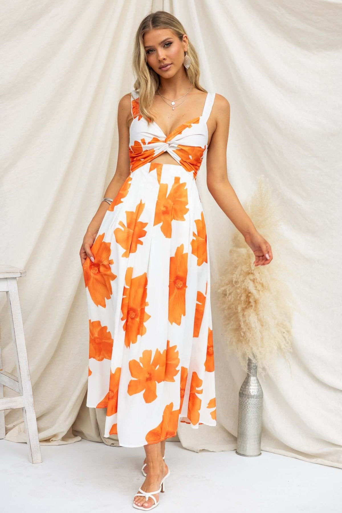 Floral Print Maxi Dress White Dress With Orange Flowers 3D