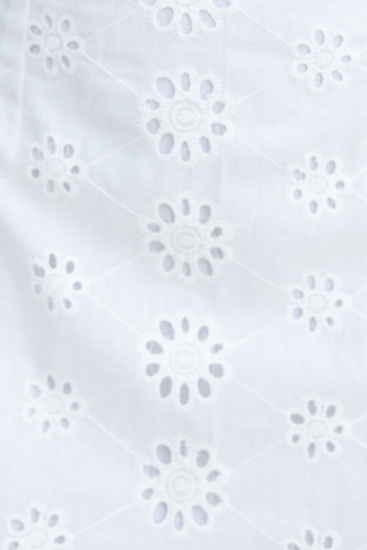 Close-up of detailed Anglaise fabric featuring floral embroidery on a white background.