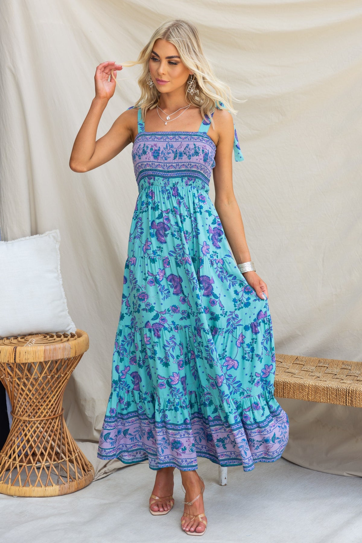 Adios Maxi Dress in blue floral print with adjustable tie straps, perfect for summer outings.