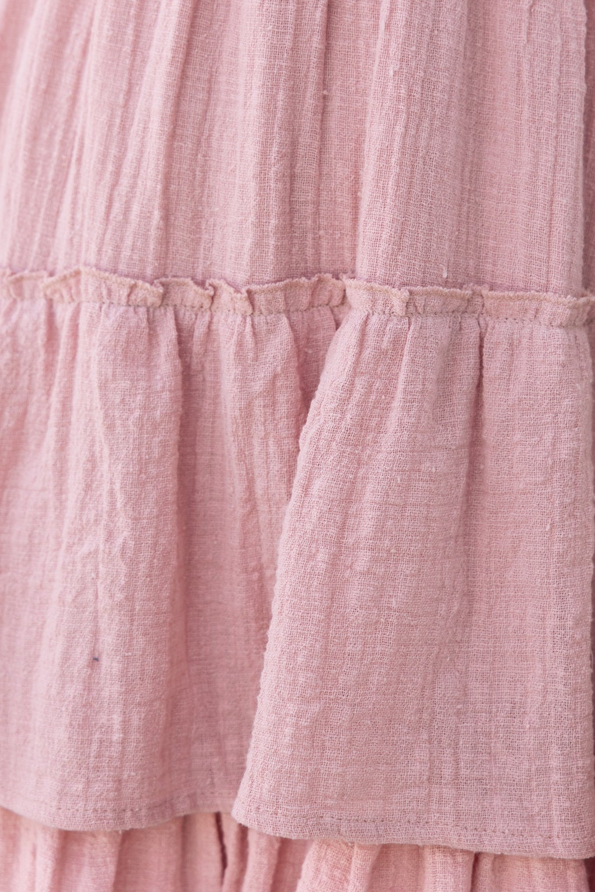 Close-up of textured pink fabric with ruffled layers, showcasing soft and delicate material design.
