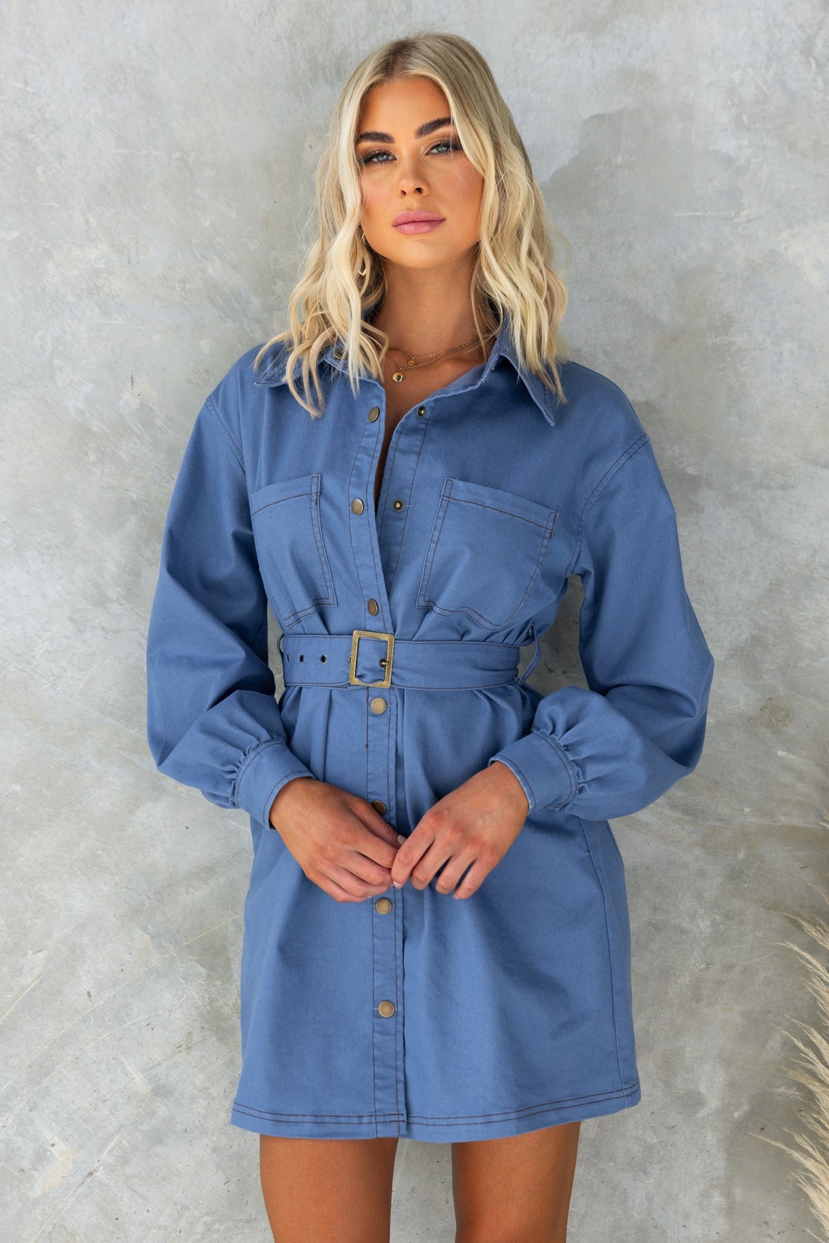 Karsha Denim Dress featuring a button-up front, pockets, and a removable belt, styled on a model in a relaxed fit.
