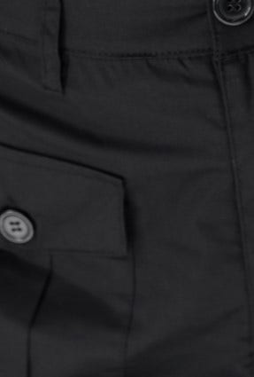 Close-up of black cargo pants showcasing button details and side pocket design.