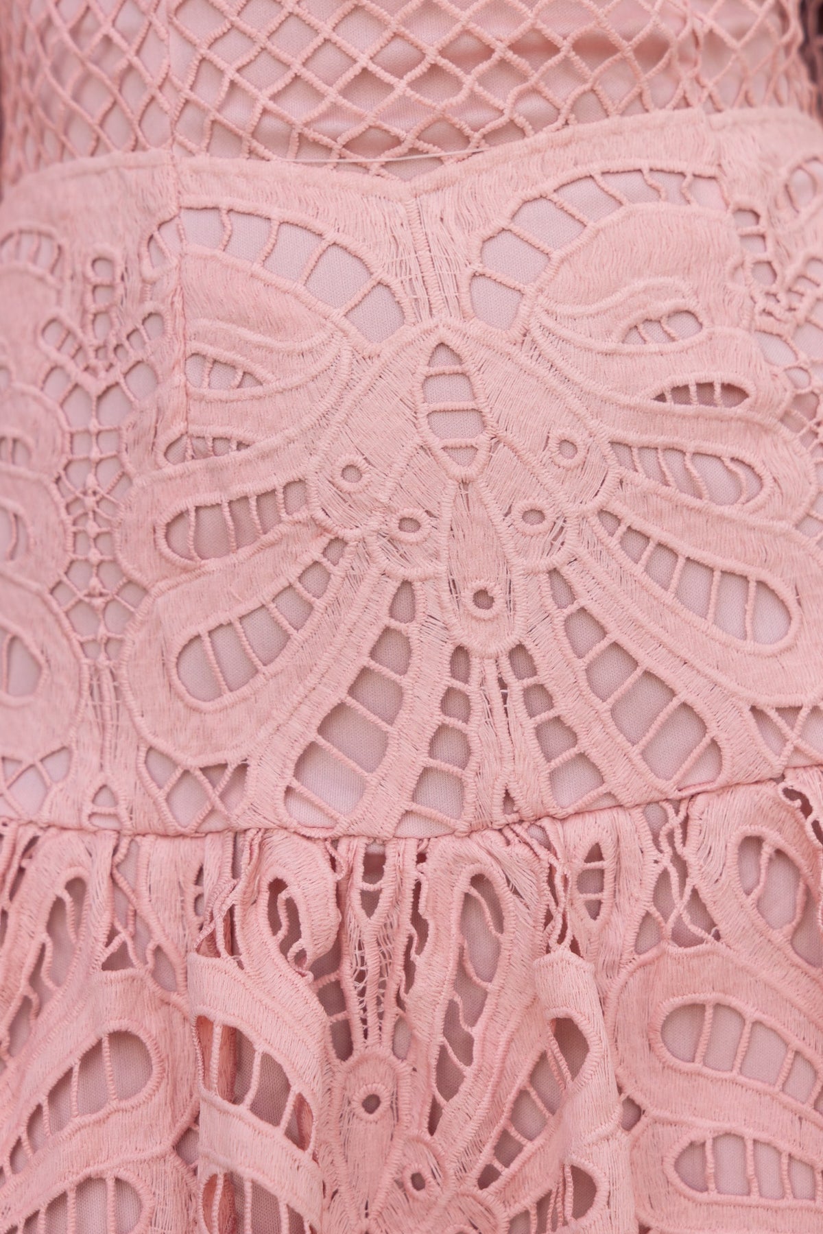 Close-up of Velenia Dress showing intricate lace detail in soft pink color with a floral pattern.