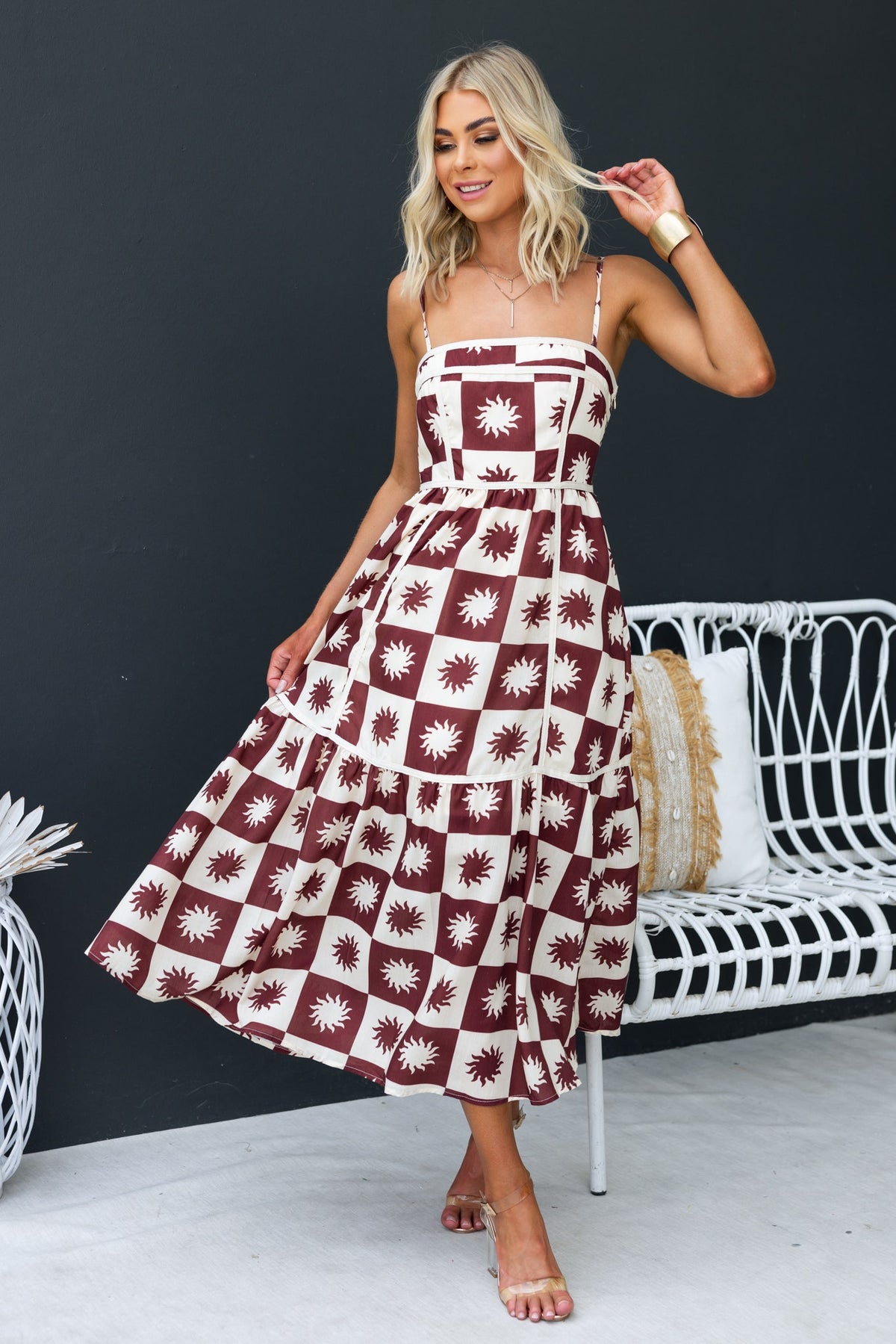 Cianna Midi Dress in burgundy and cream floral pattern, featuring adjustable straps and tiered skirt, stylish summer look.
