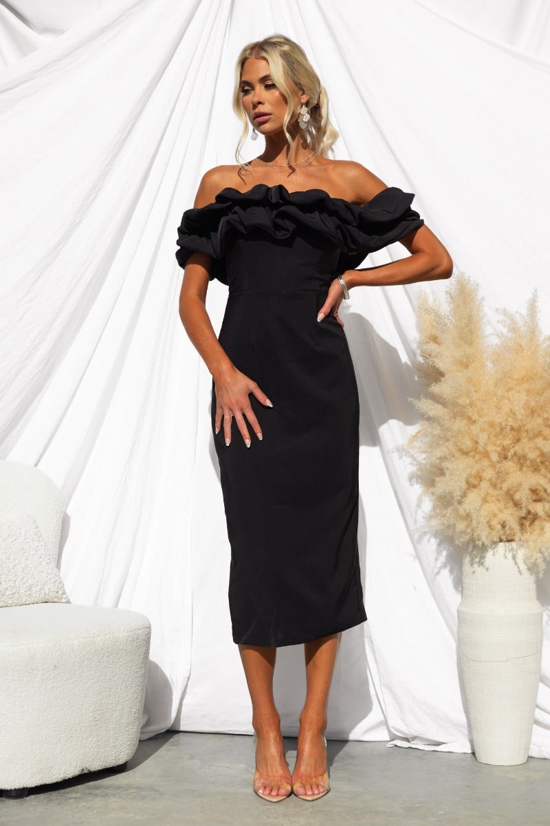 Elegant black off-shoulder midi dress featuring ruffled sleeves and a back split detail.