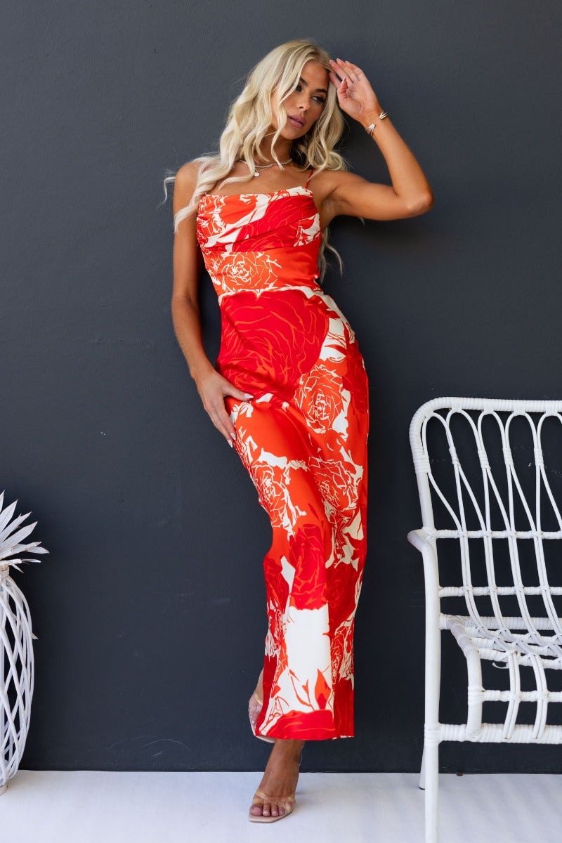 Shana Maxi Dress: Floral satin dress with adjustable straps and cowl neckline, featuring a stylish split at the back.