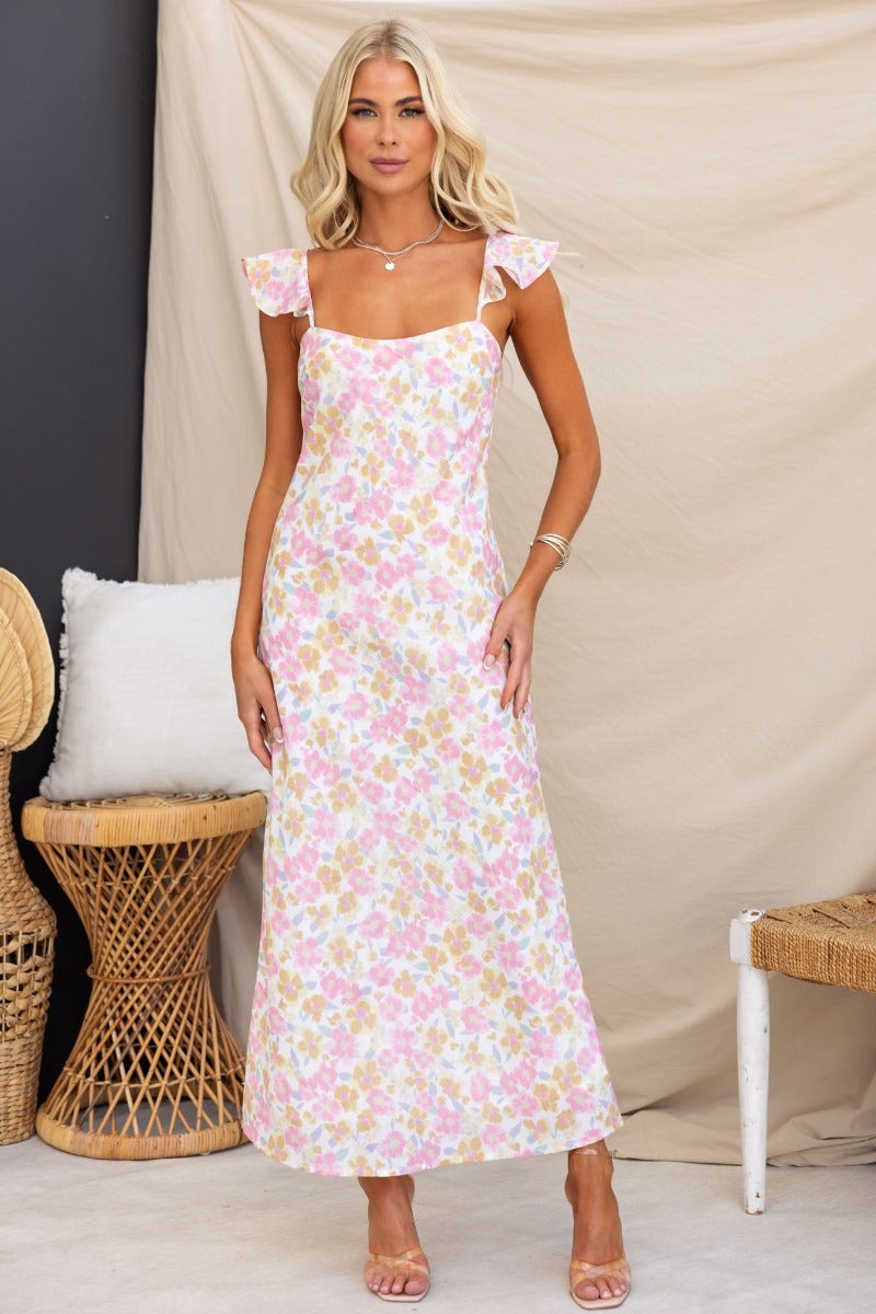 Kellana Midi Dress featuring floral print, adjustable ruffle straps, and a lined silhouette, perfect for spring outings.