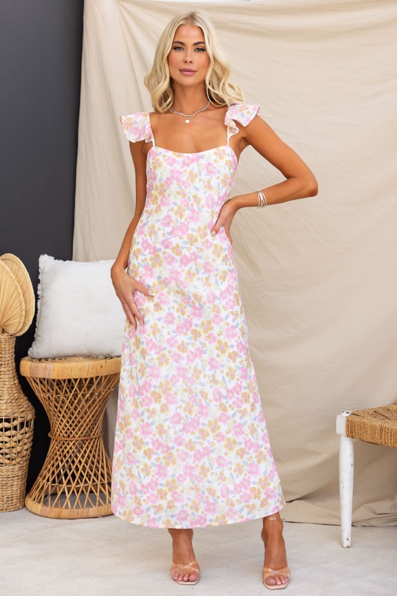 Kellana Midi Dress: Floral print with adjustable ruffle straps and invisible zip, perfect for a standard fit.