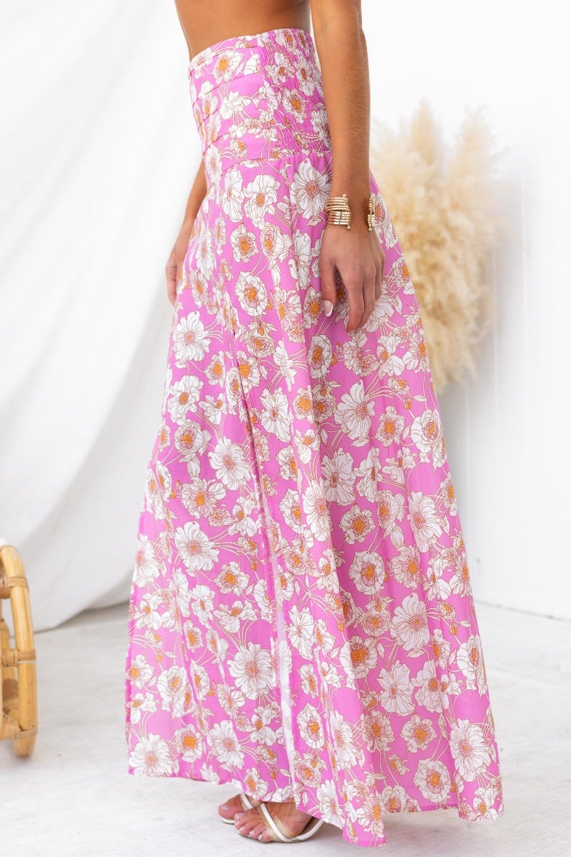 Last Summer Maxi Skirt in floral print, featuring high splits, mid-high waist, and elegant pink design.