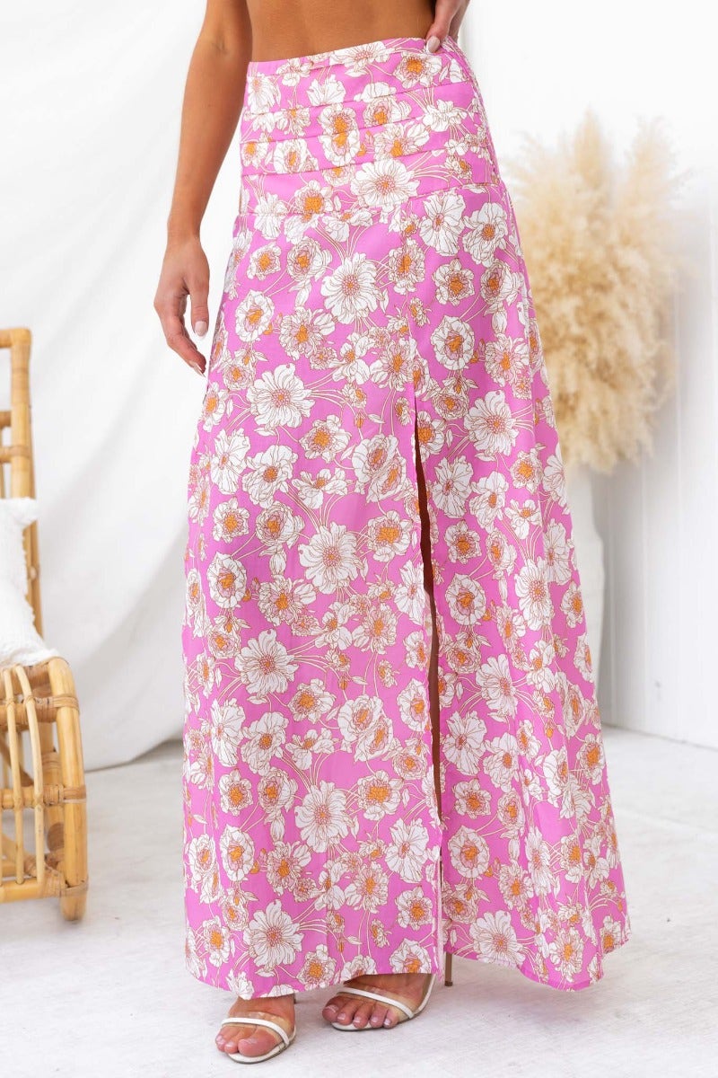 Floral print Last Summer maxi skirt with high splits and mid-high waist in pink and white, perfect for summer styling.