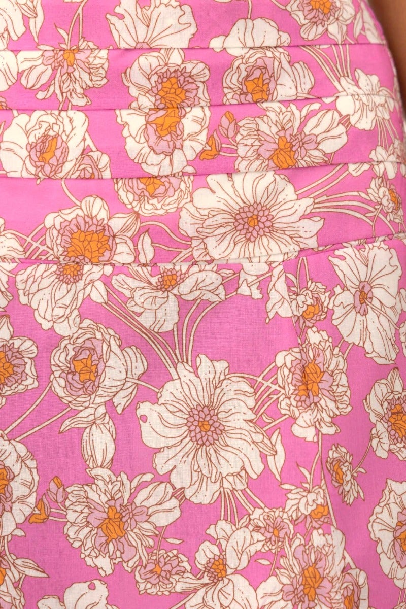 Close-up of floral print in pink and orange on Last Summer Maxi Skirt, featuring a mid-high waist design.