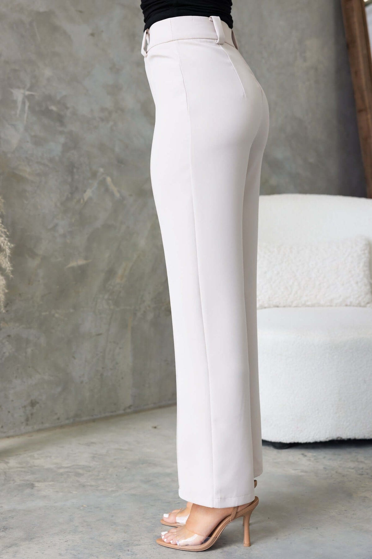 Columbus Pants side view, mid-high waist fit in light beige, non-lined and tailored for a modern silhouette.