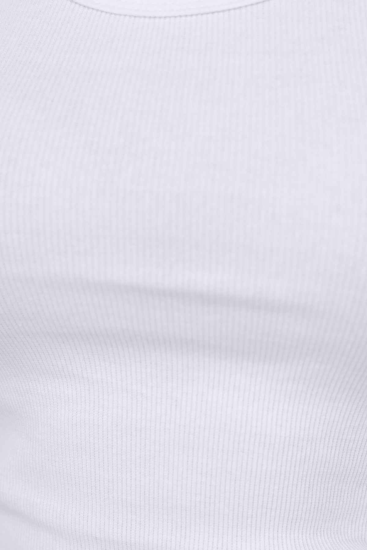 White ribbed top with round neckline, stretchy material, perfect for casual wear or layering.