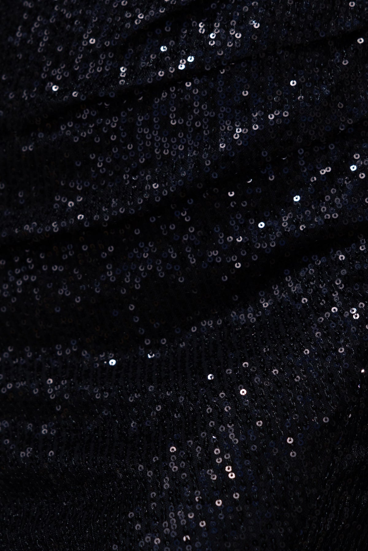 Close-up of black sequin fabric detail on the Starry Nights Midi Dress, showcasing shimmering texture and gathered design.