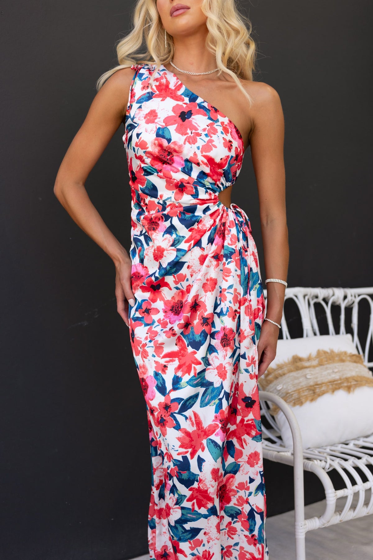 Floral print Ronan Maxi Dress featuring one-shoulder neckline, adjustable ruching, and side cut-out.