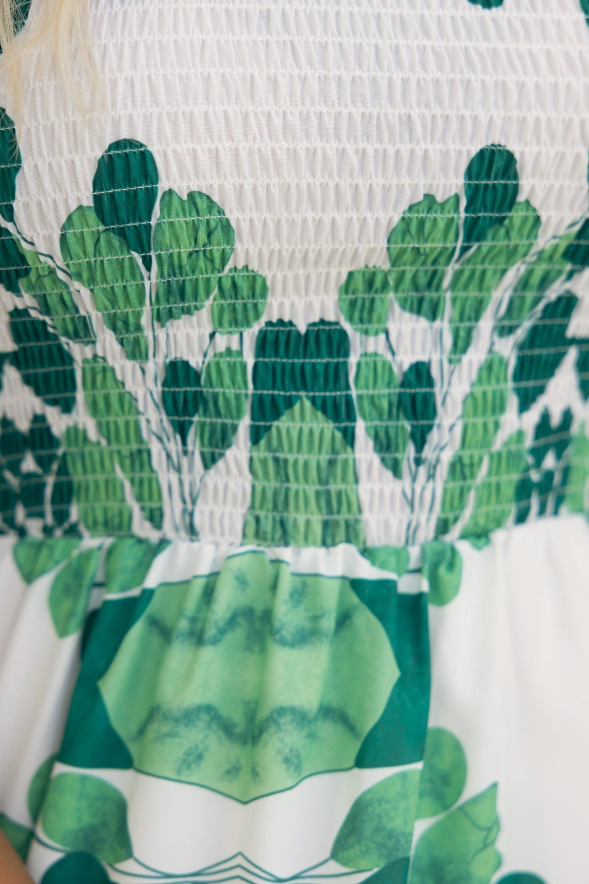 Close-up of the Celina Midi Dress showcasing its green floral print and smocked bodice detail.