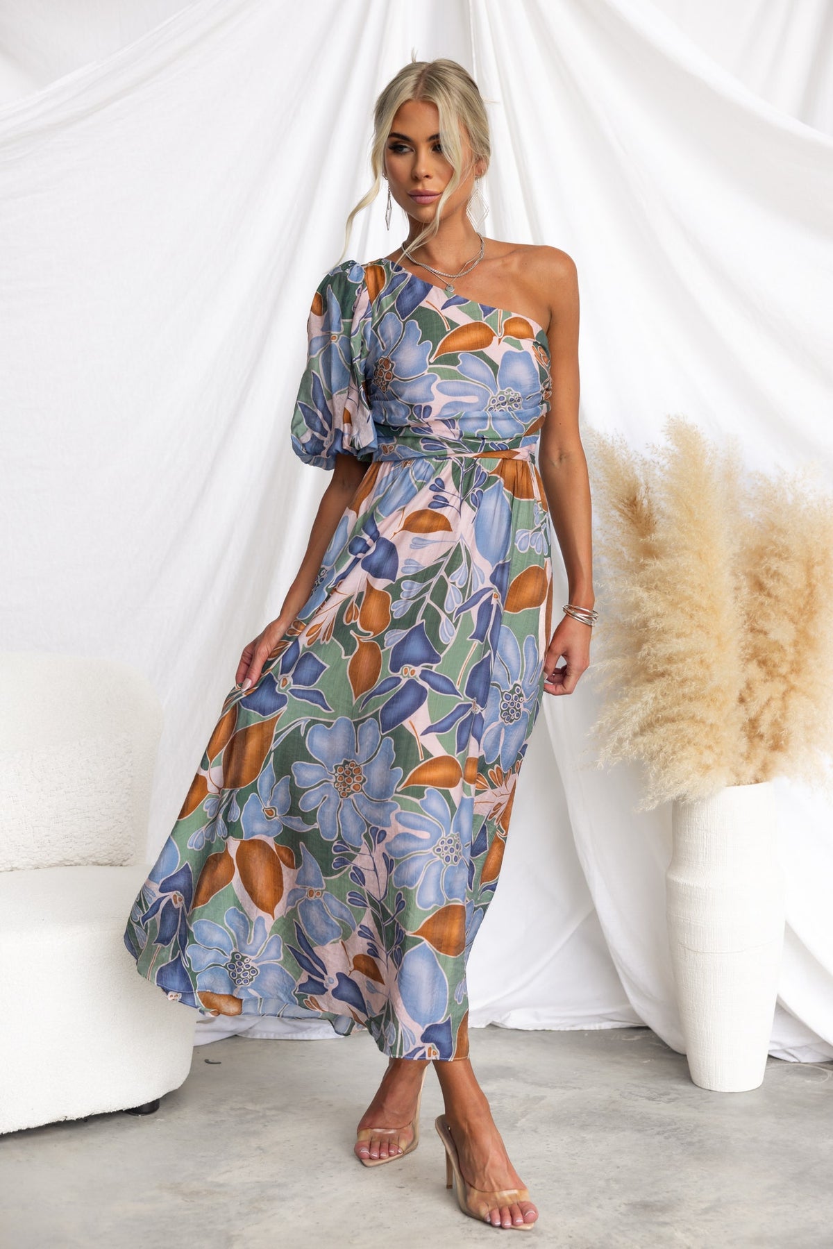 One-shoulder floral print midi dress with anti-slip bust and invisible zip, styled with nude heels.