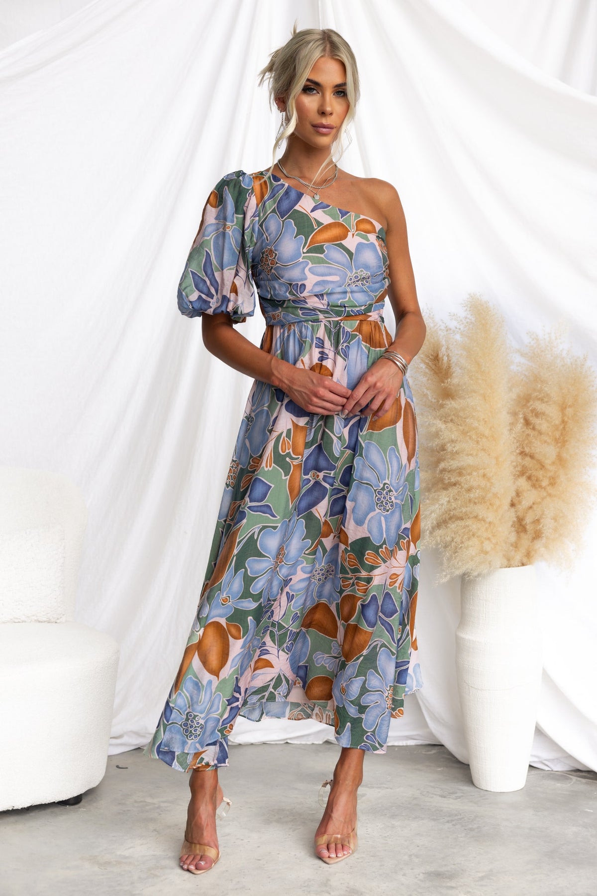Woran Midi Dress with floral print, one-shoulder neckline, featuring a side invisible zip and anti-slip for added comfort.