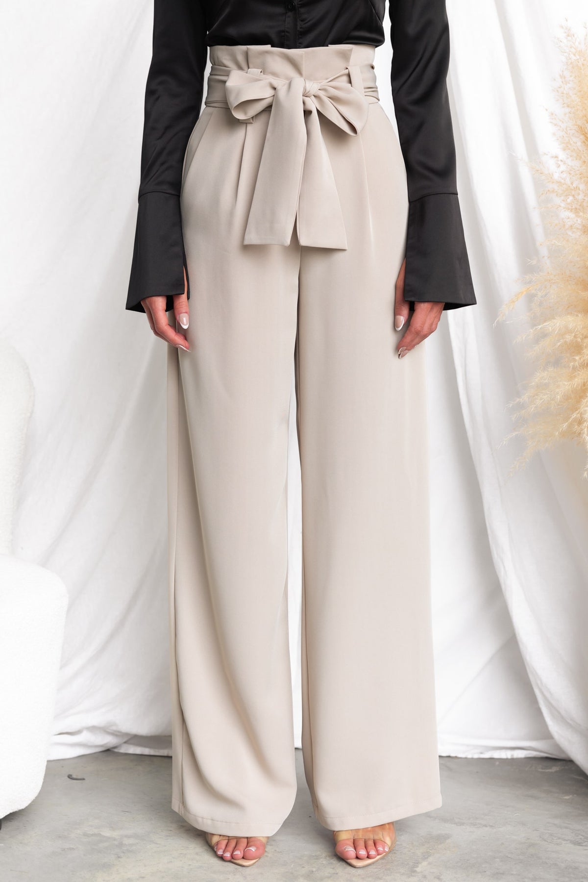 Jaspin Pants featuring a paper bag waist with a removable fabric tie, wide legs, in beige.