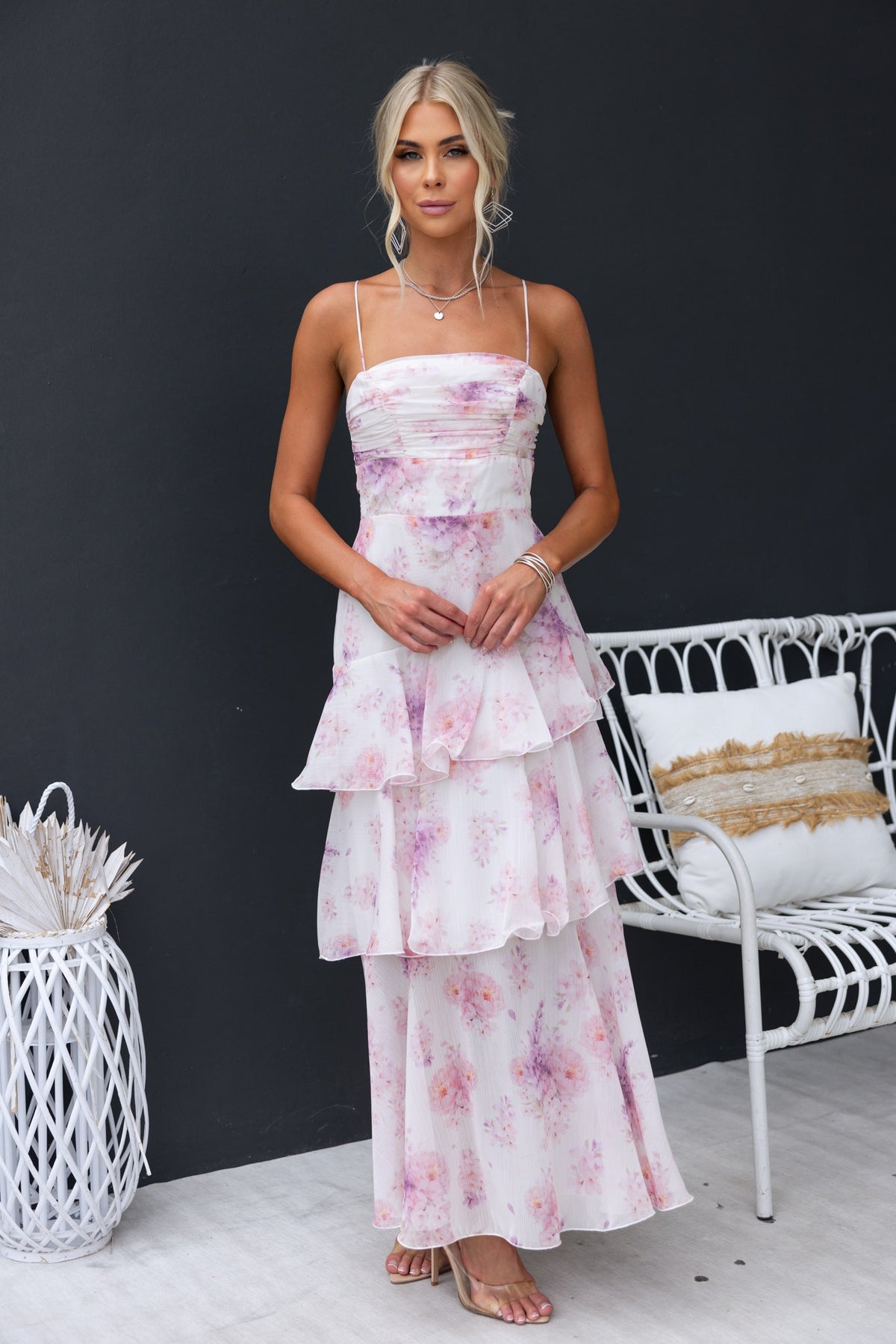 Saphina Maxi Dress in floral chiffon with multi-tier ruffle skirt and adjustable straps, perfect for summer occasions.