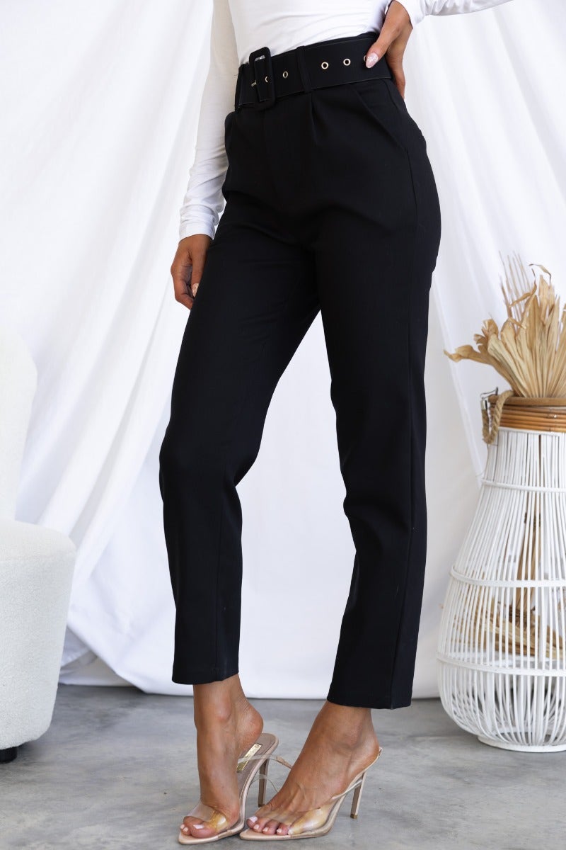 Stylish black dress pants with a removable belt, front pockets, and slim fit design, perfect for any occasion.