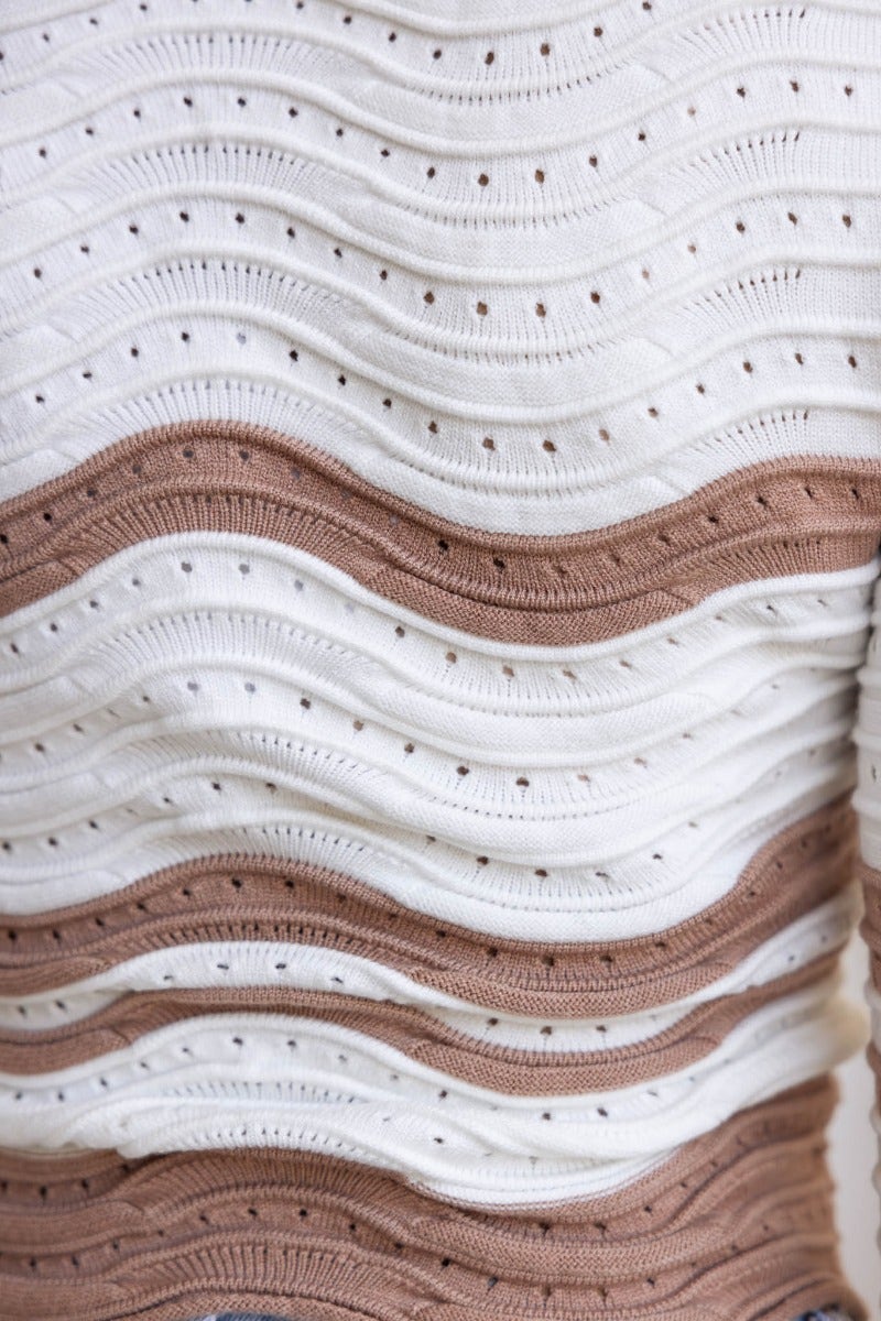 Close-up of the Alanis Top, featuring a scoop neckline and a wavy knit pattern with semi-open weave.