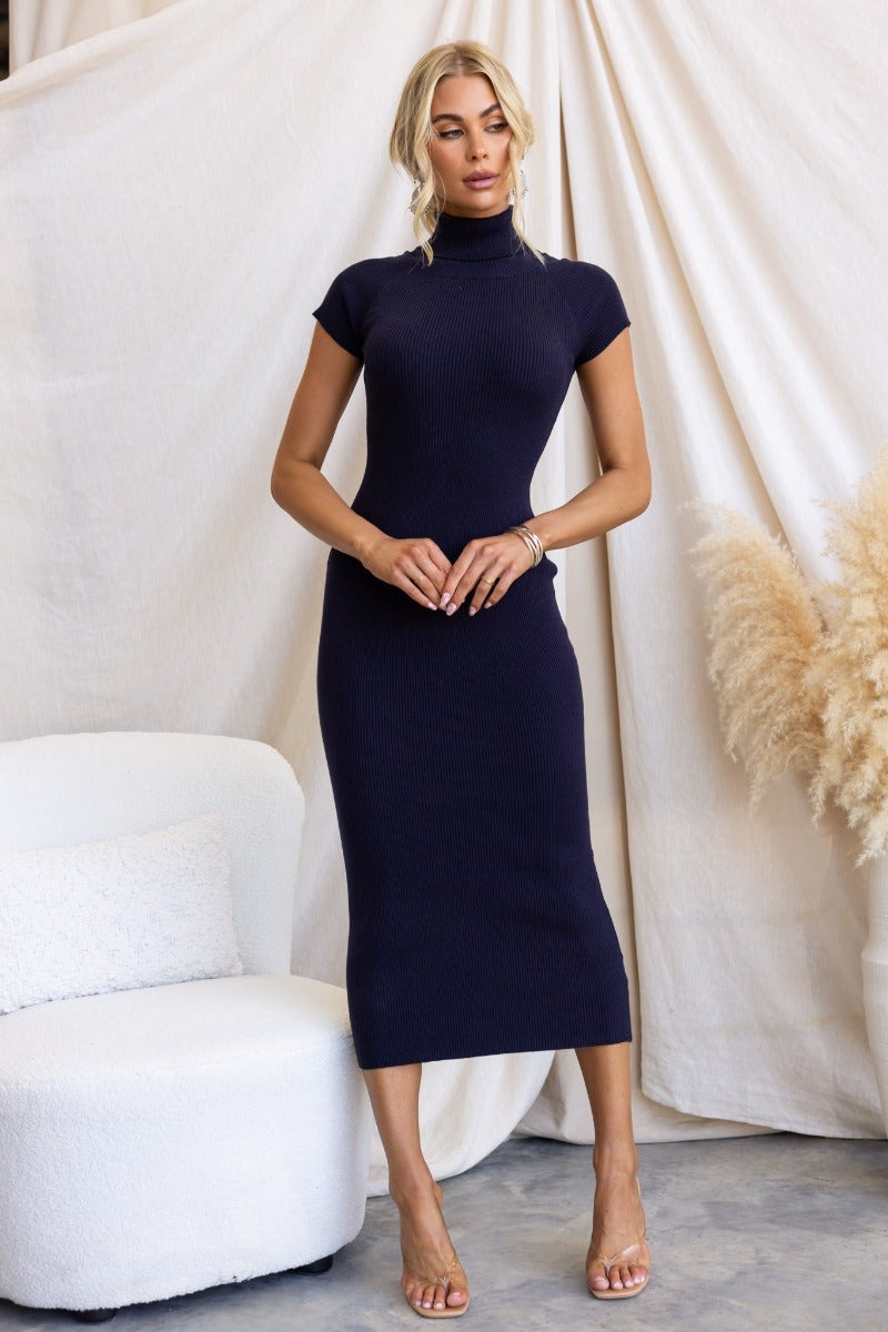 Navy ribbed knit midi dress with turtle neckline, worn by a model against a stylish backdrop.