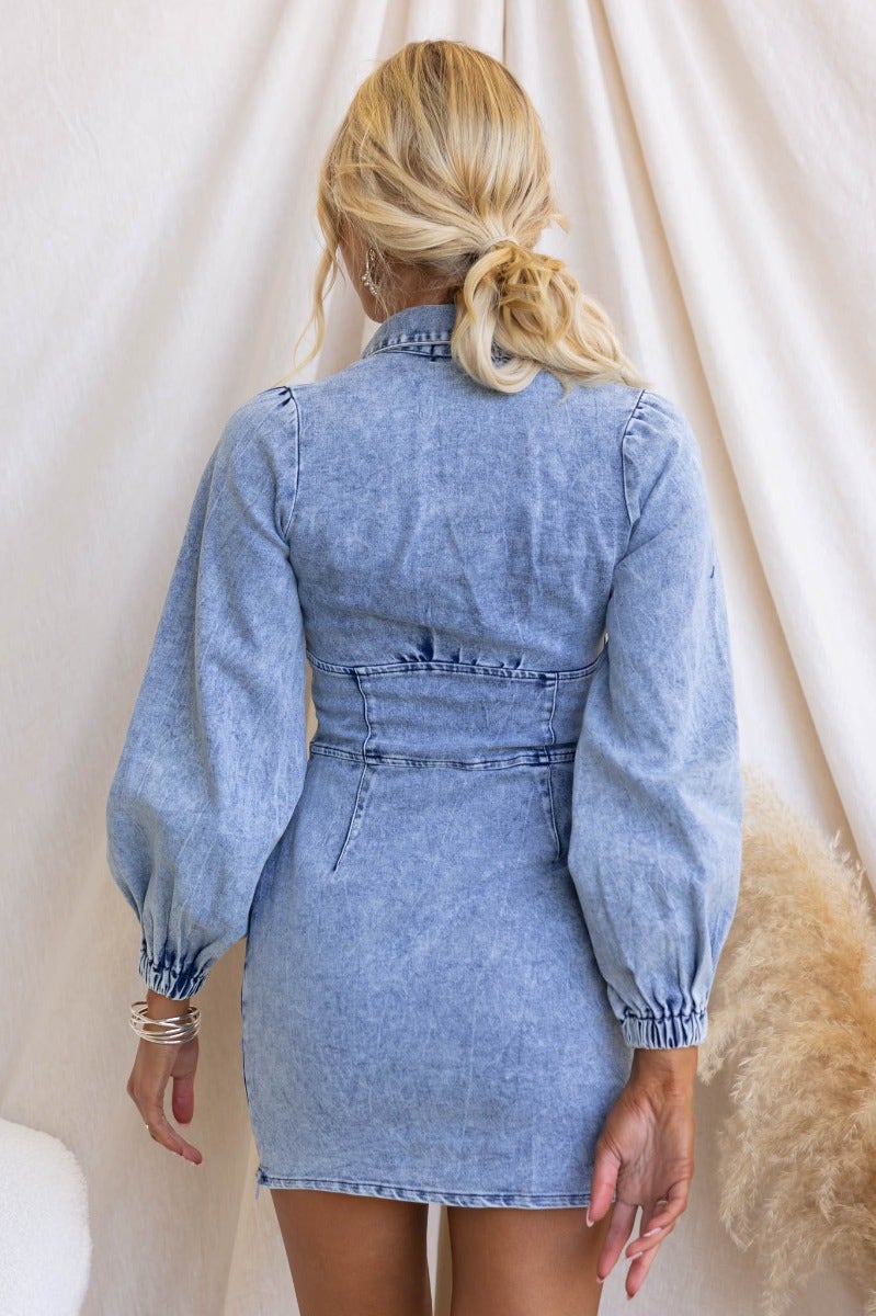 Back view of Terese Denim Dress featuring a fitted design, elastic cuffs, and stylish balloon sleeves.