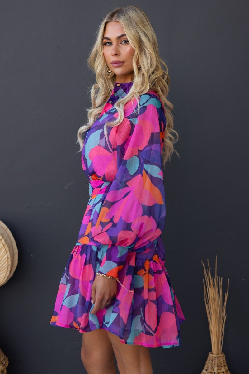 Orazio Dress in multi-colour print featuring a high neckline, button-up front, and removable belt for a flattering fit.