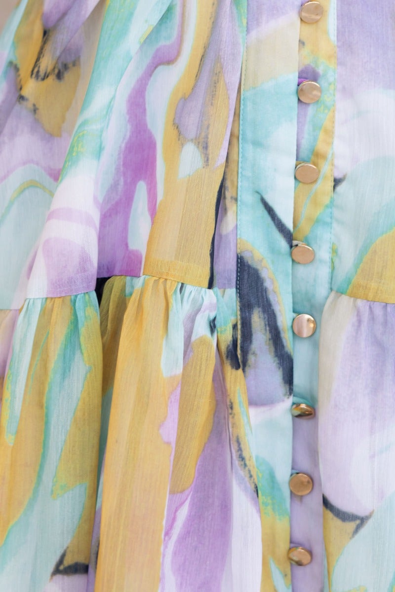Close-up of the Orazio Dress featuring a multi-colour print, button-up front, and flared skirt design.