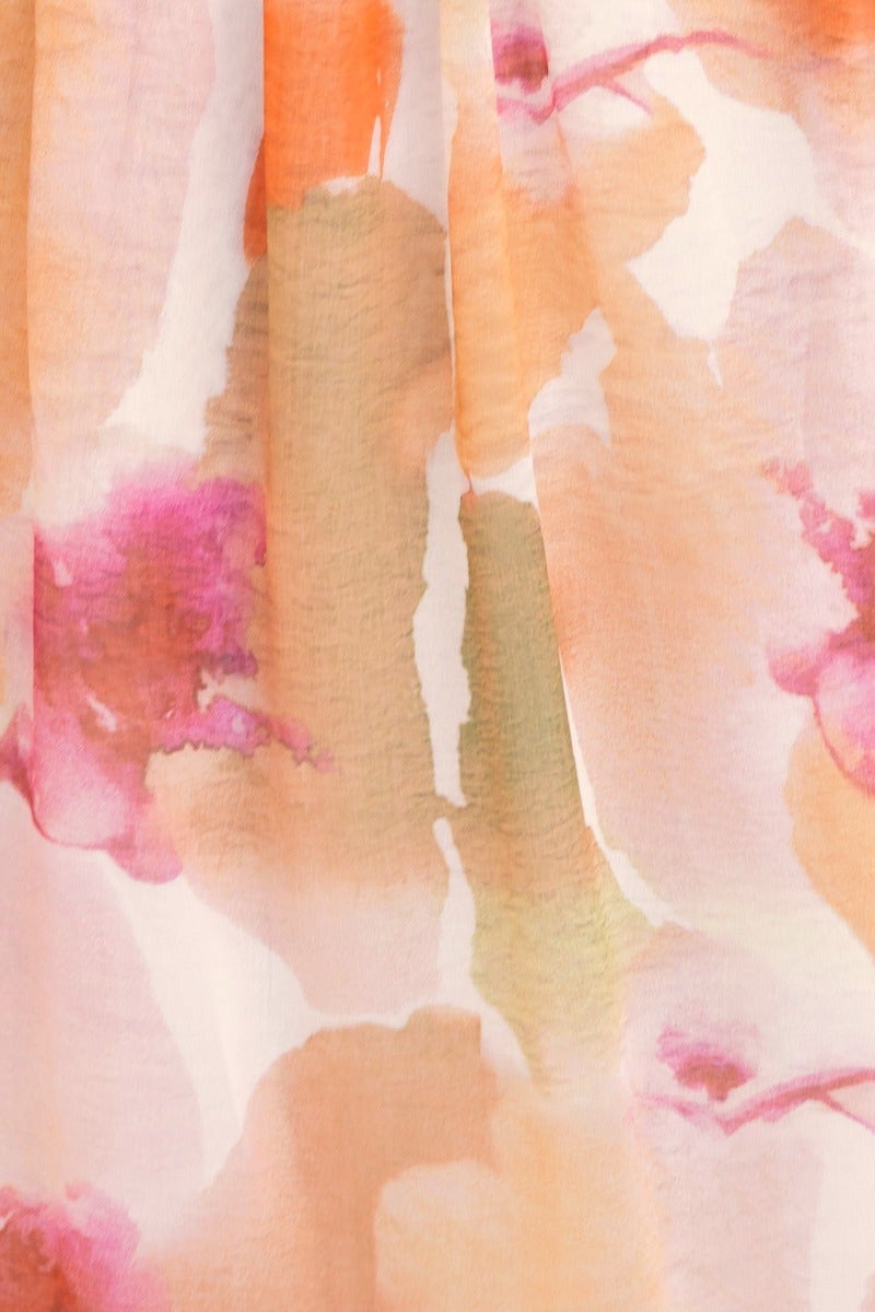 Close-up of the Picturesque Maxi Dress featuring vibrant multi-colour floral patterns in soft fabric.