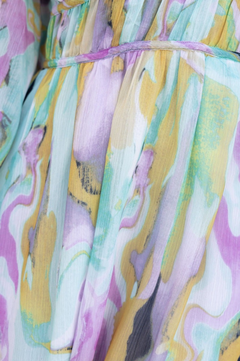 Close-up of Haelyn Maxi Dress showcasing its multi-colour print and delicate fabric texture, perfect for summer outings.