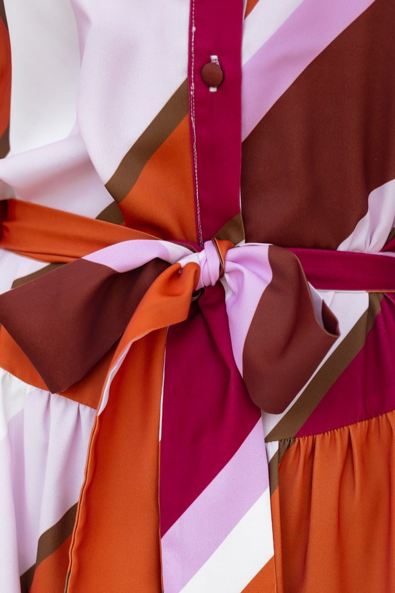 Close-up of Nylah Midi Dress showing button-up front and removable belt in vibrant multi-colour print.