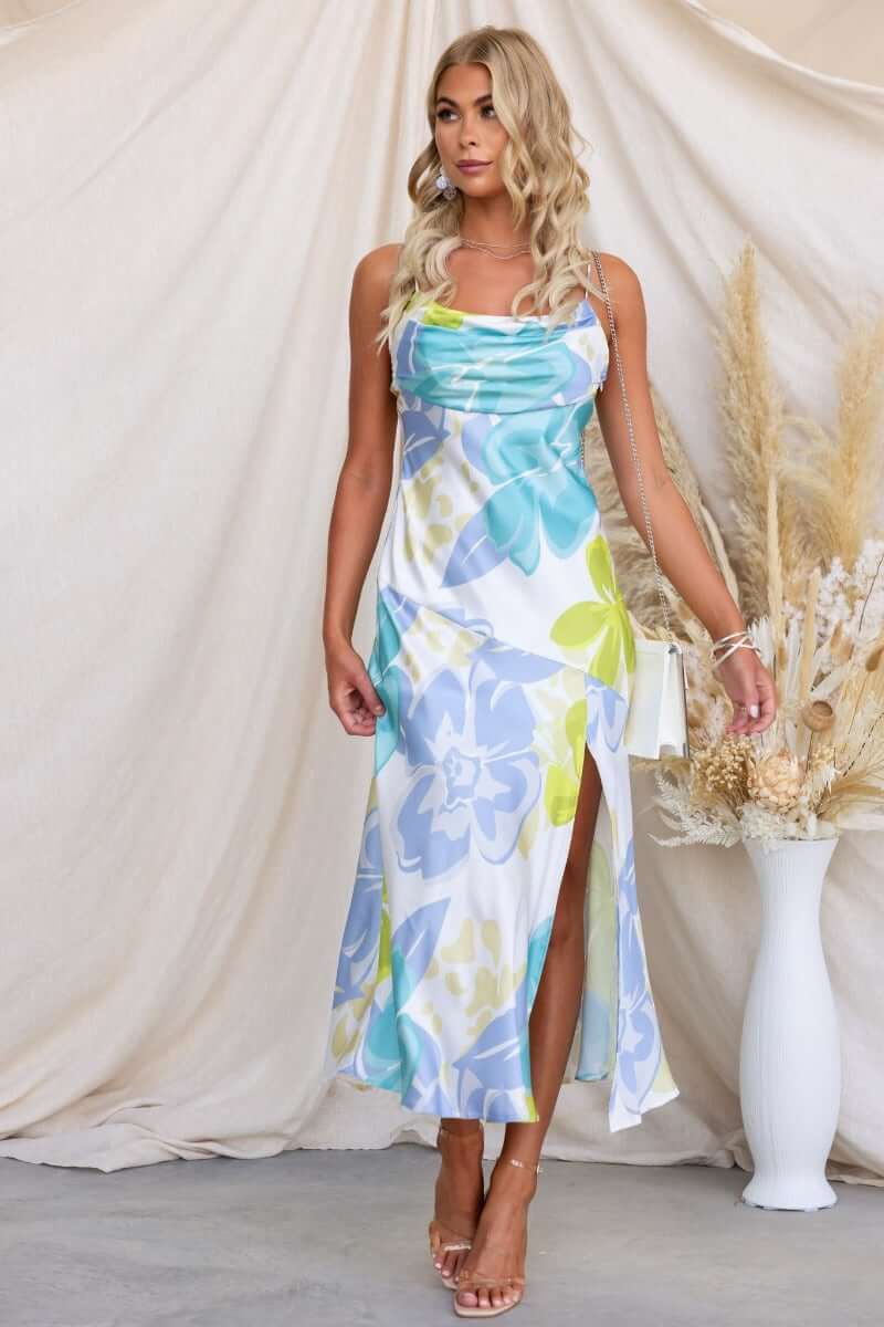 Brighton Midi Dress in floral print with satin feel, featuring adjustable straps and a front split.