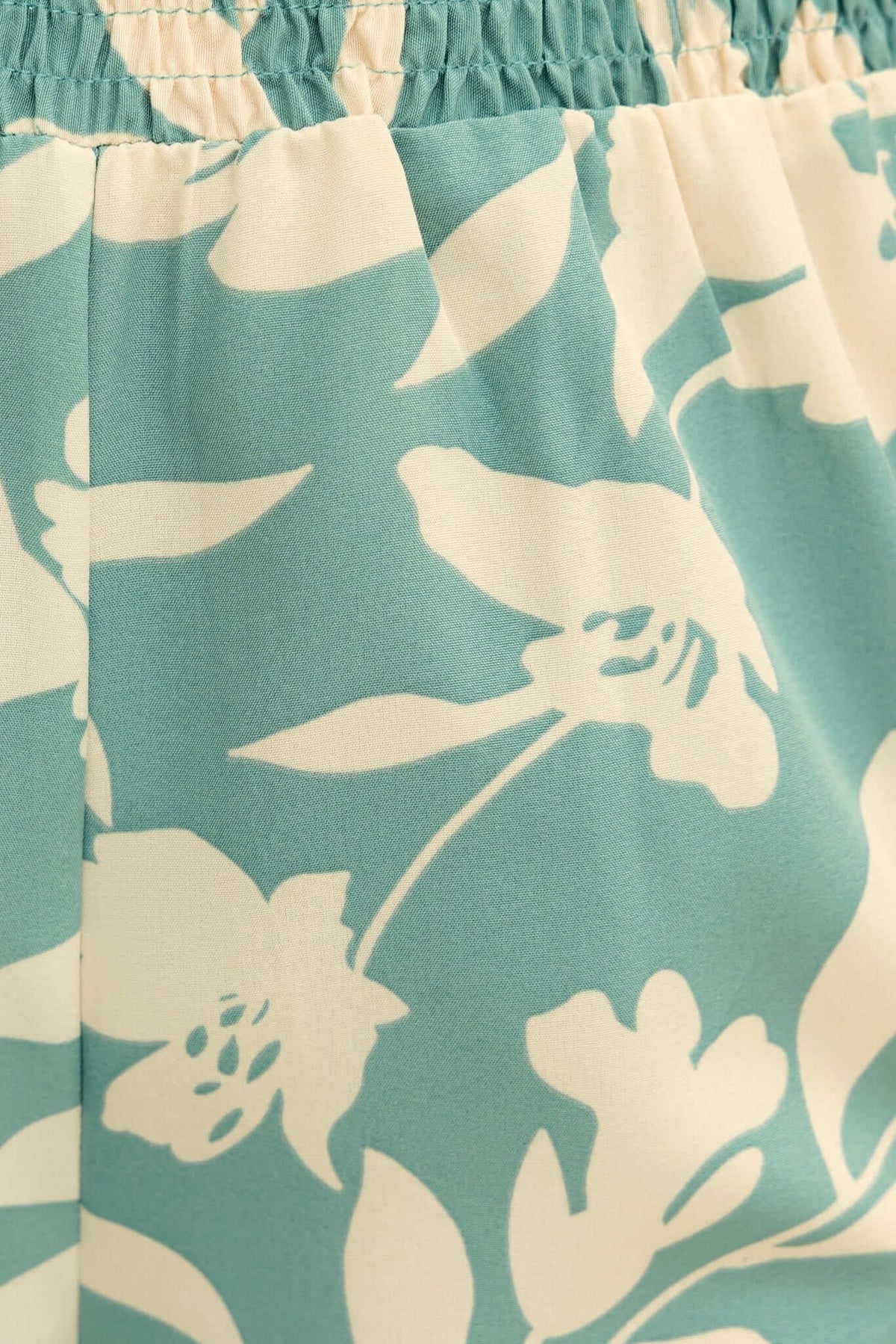 Close-up of floral fabric in teal and cream, featuring a lightweight and elegant design suitable for summer tops.