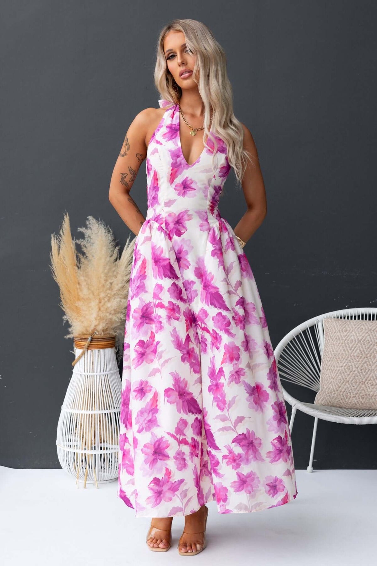 Imarnie Maxi Dress in floral print, featuring a tie neckline and elegant silhouette, perfect for any occasion.