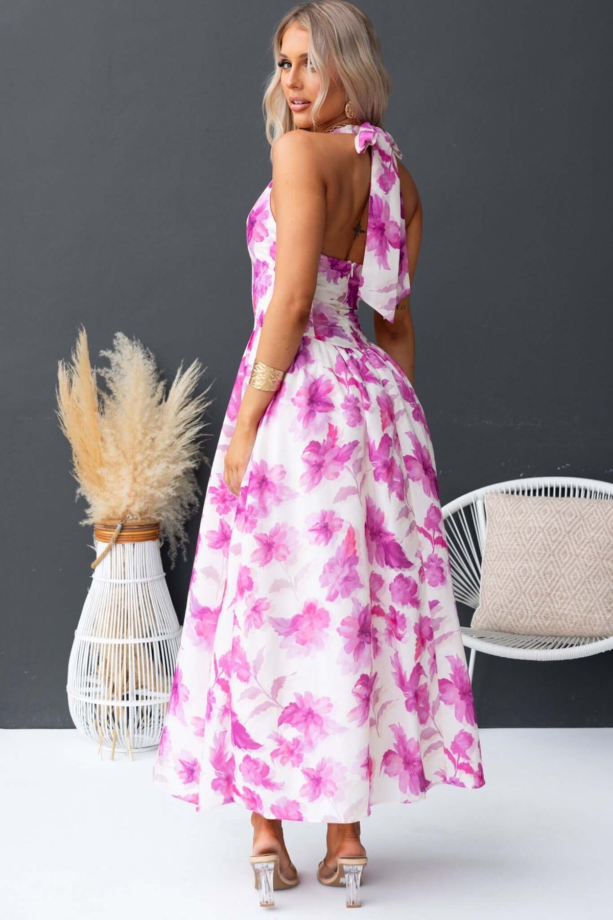 Imarnie Maxi Dress with tie neckline, floral design, and tulle underlay, ideal for summer events.