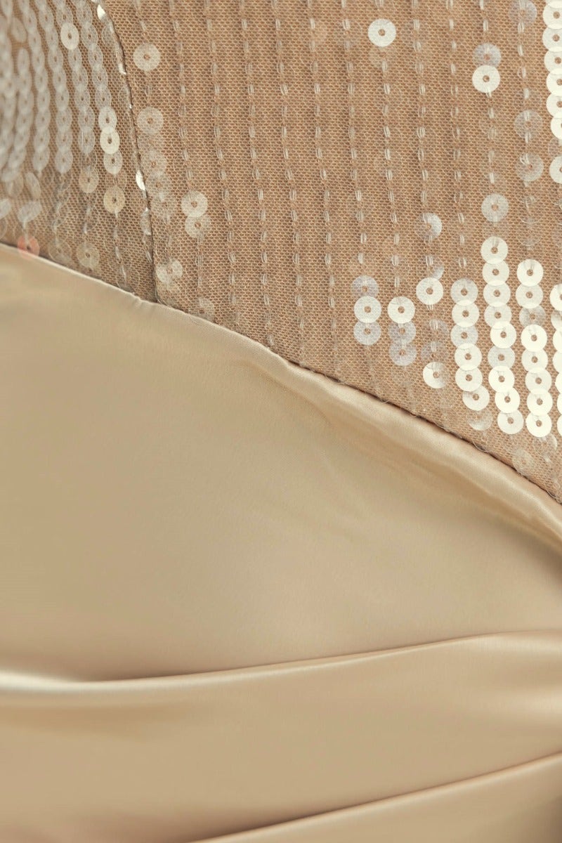 Close-up of sequin detail and satin fabric on the Fortune Midi Dress, showcasing luxurious texture and elegance.