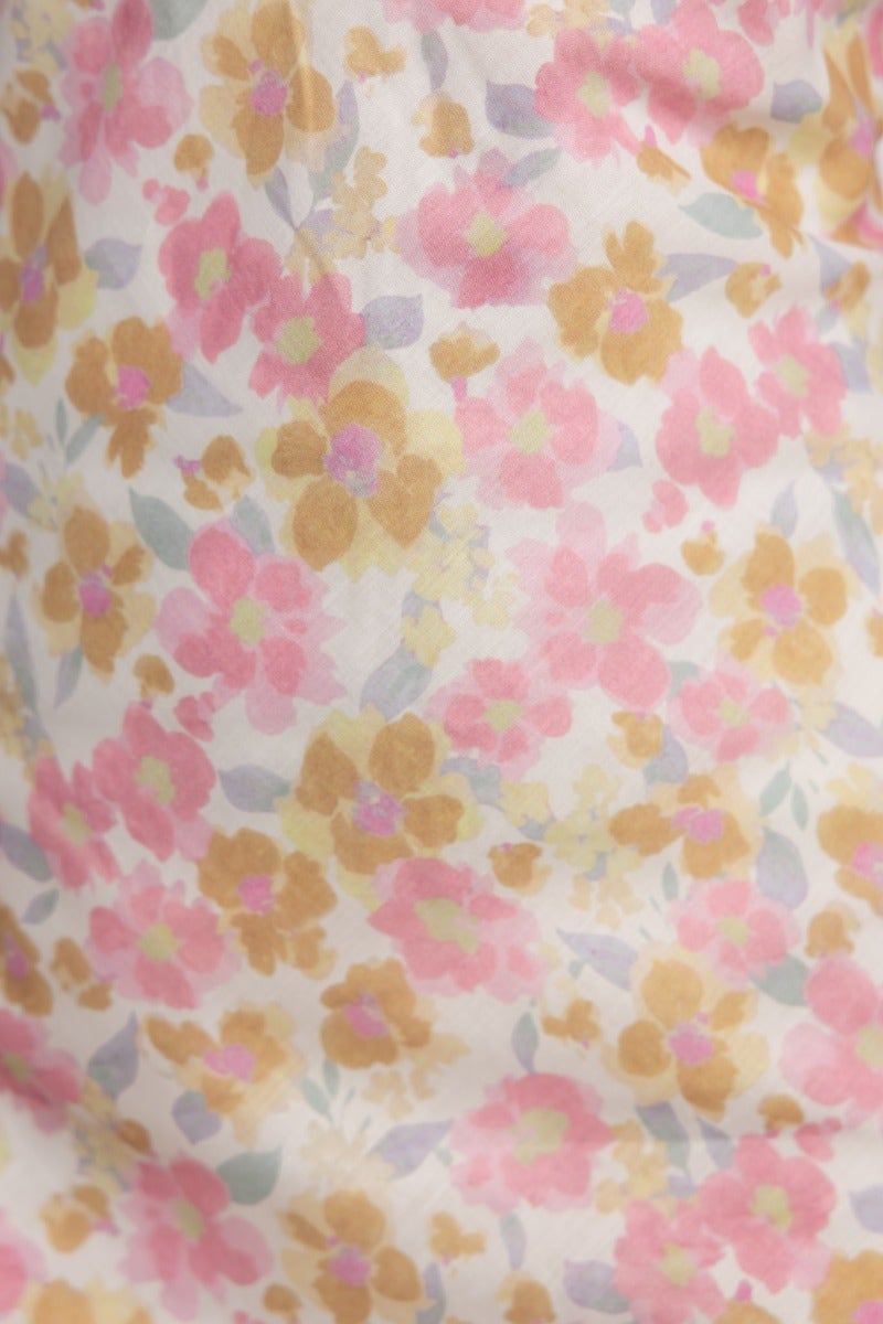 Close-up of floral print fabric featuring pink and yellow flowers, designed for the Kellana Midi Dress.