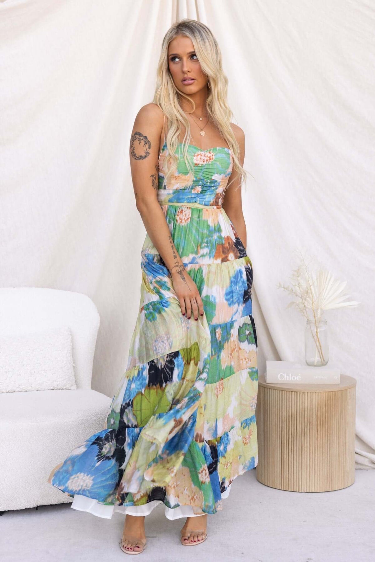 Ottawa Maxi Dress featuring adjustable straps and floral pattern, model wears size 6/XS, perfect for summer outings.