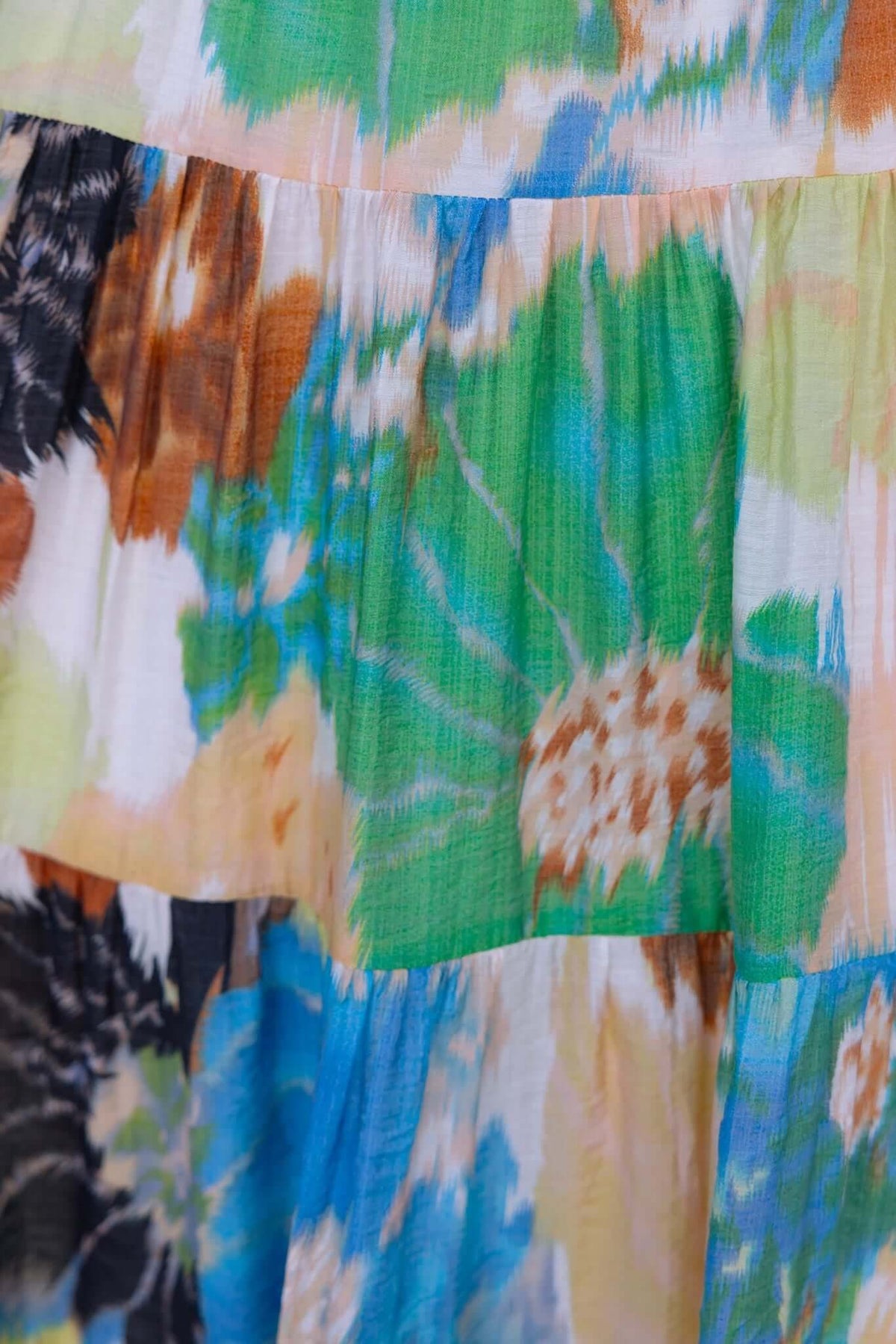 Colorful floral pattern on a layered maxi dress, showcasing vibrant green, blue, and earthy tones.