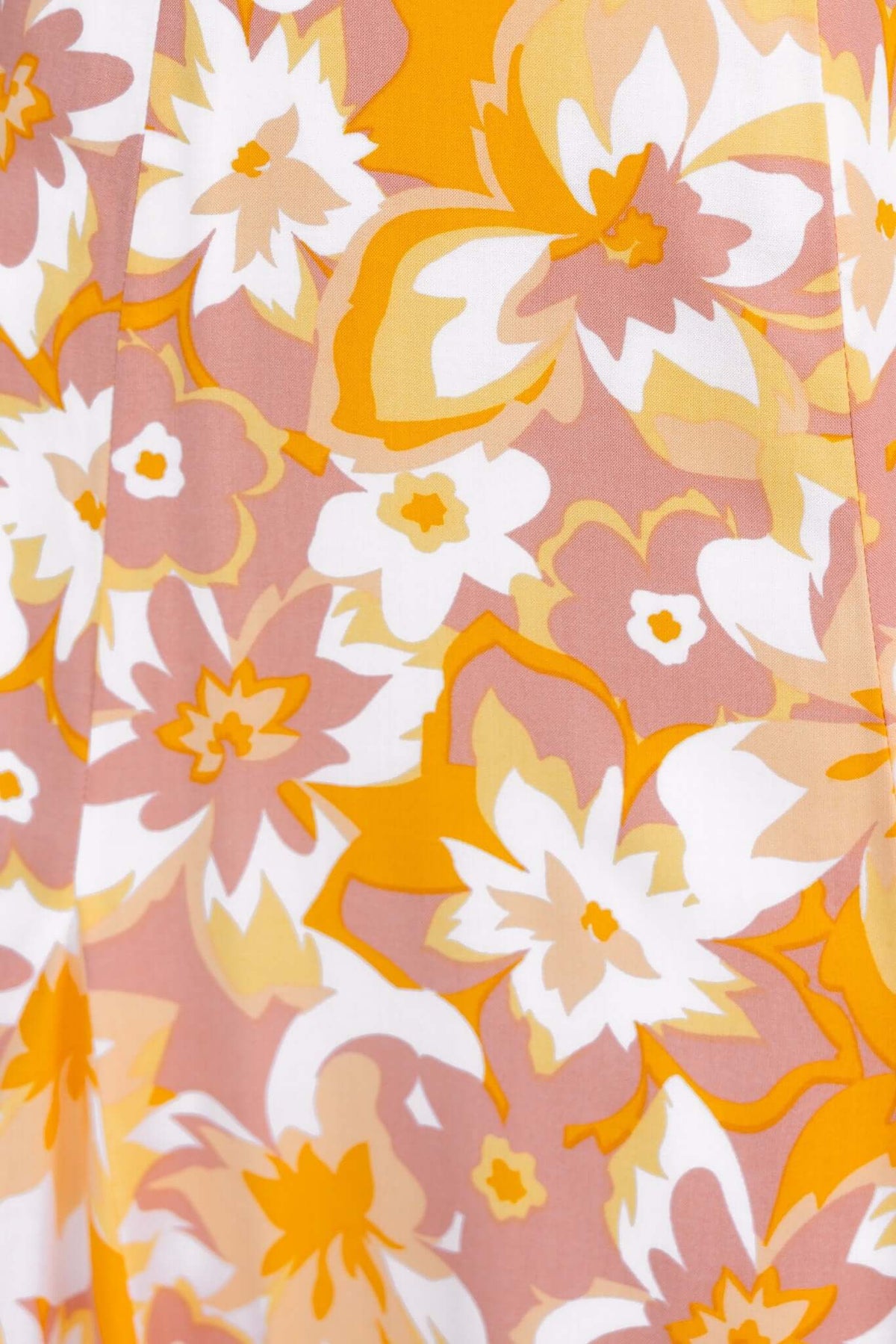 Colorful floral pattern featuring pink, orange, and white flowers on a lightweight fabric for the Sandra Midi Dress.