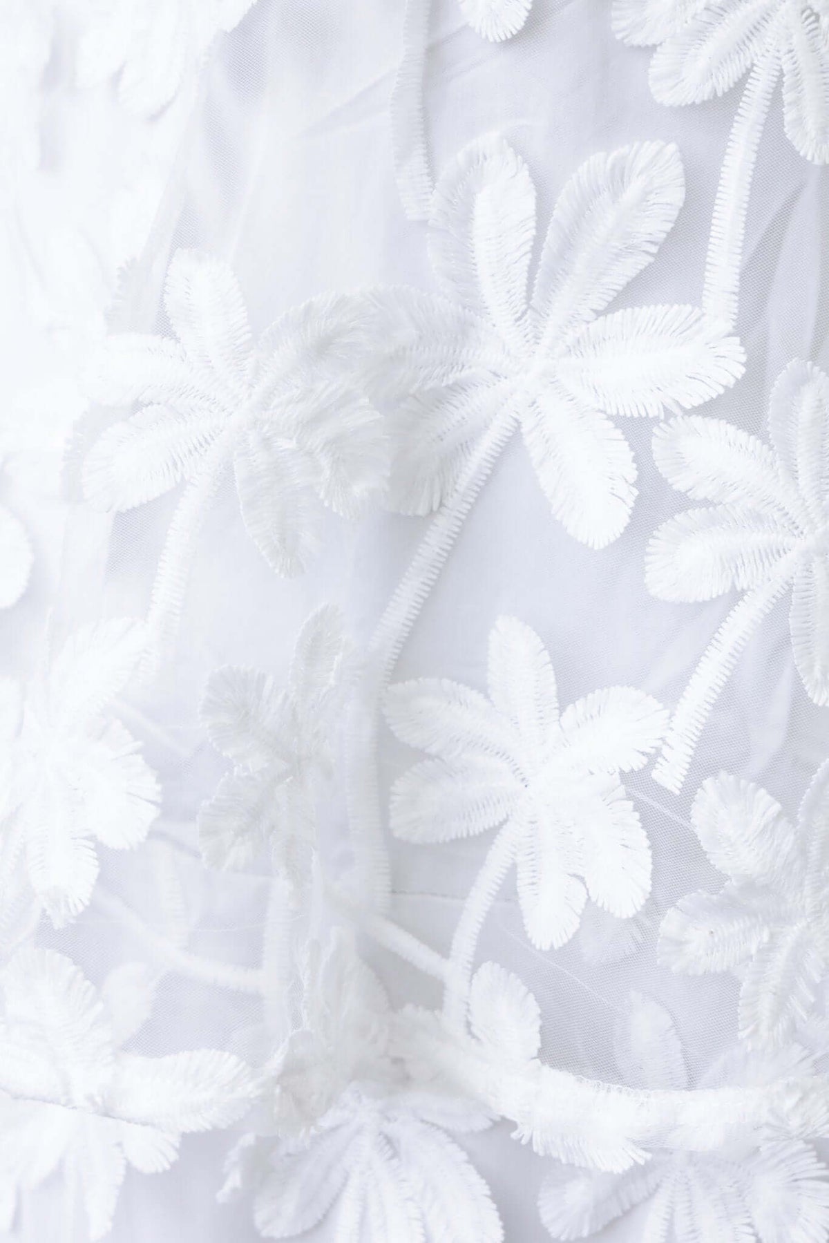 Close-up of delicate white lace floral embroidery on sheer fabric, perfect for a stylish maxi dress.