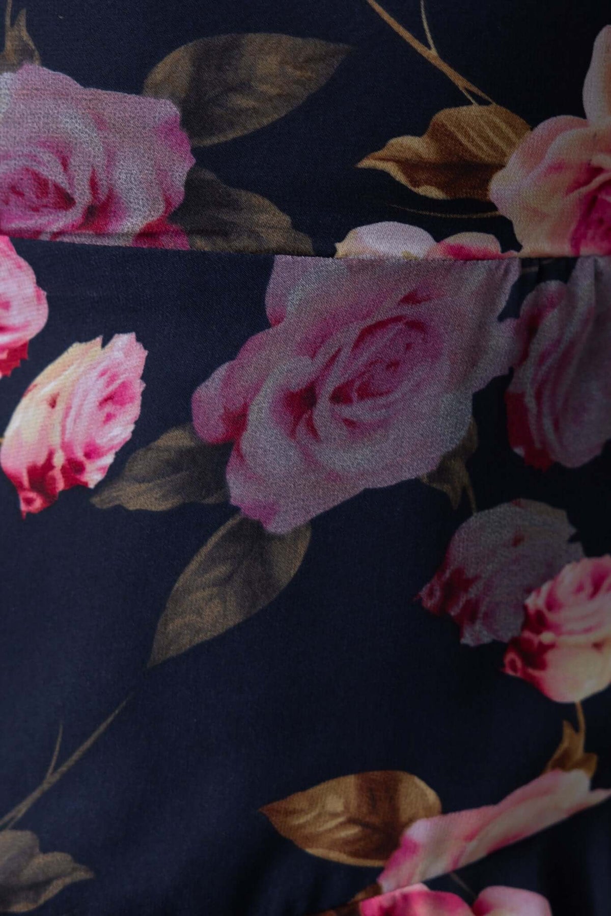 Close-up of floral print featuring pink roses on a dark background, designed for the Klaudia Maxi Dress.