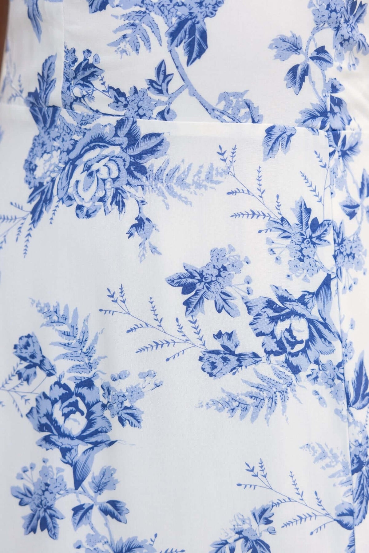 Close-up of blue floral print on white fabric of the Prescott Midi Dress, showcasing elegant design details.