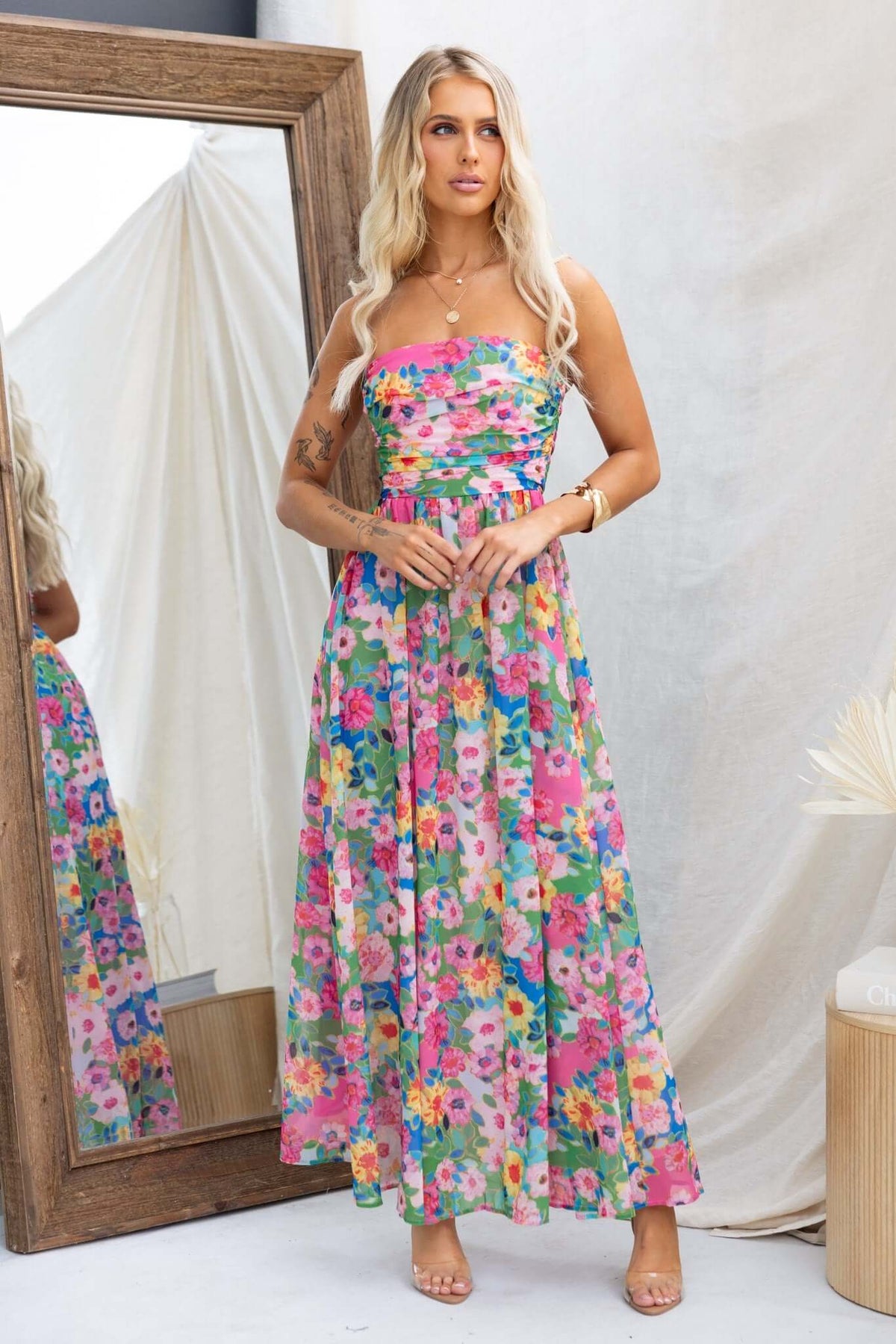 Emberia Maxi Dress: strapless floral maxi dress with anti-slip bust and invisible zip, perfect for summer events.