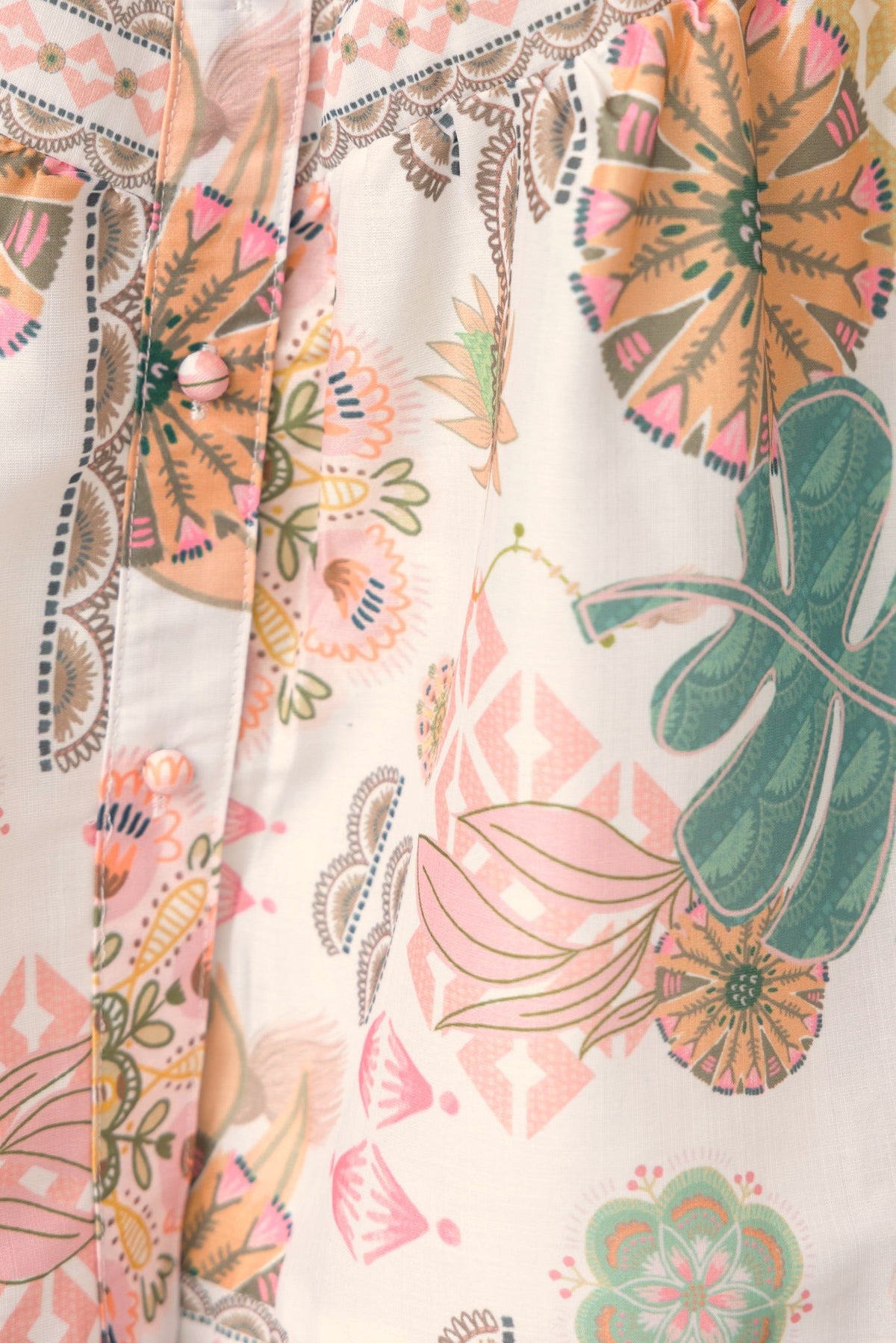 Close-up of floral print on the Ember Dress featuring colorful flowers and leaves in soft pastel tones.