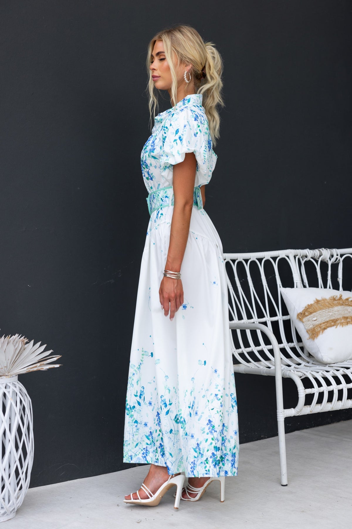Younger Now floral print maxi dress featuring a high neckline, button-up front, and elastic waist.