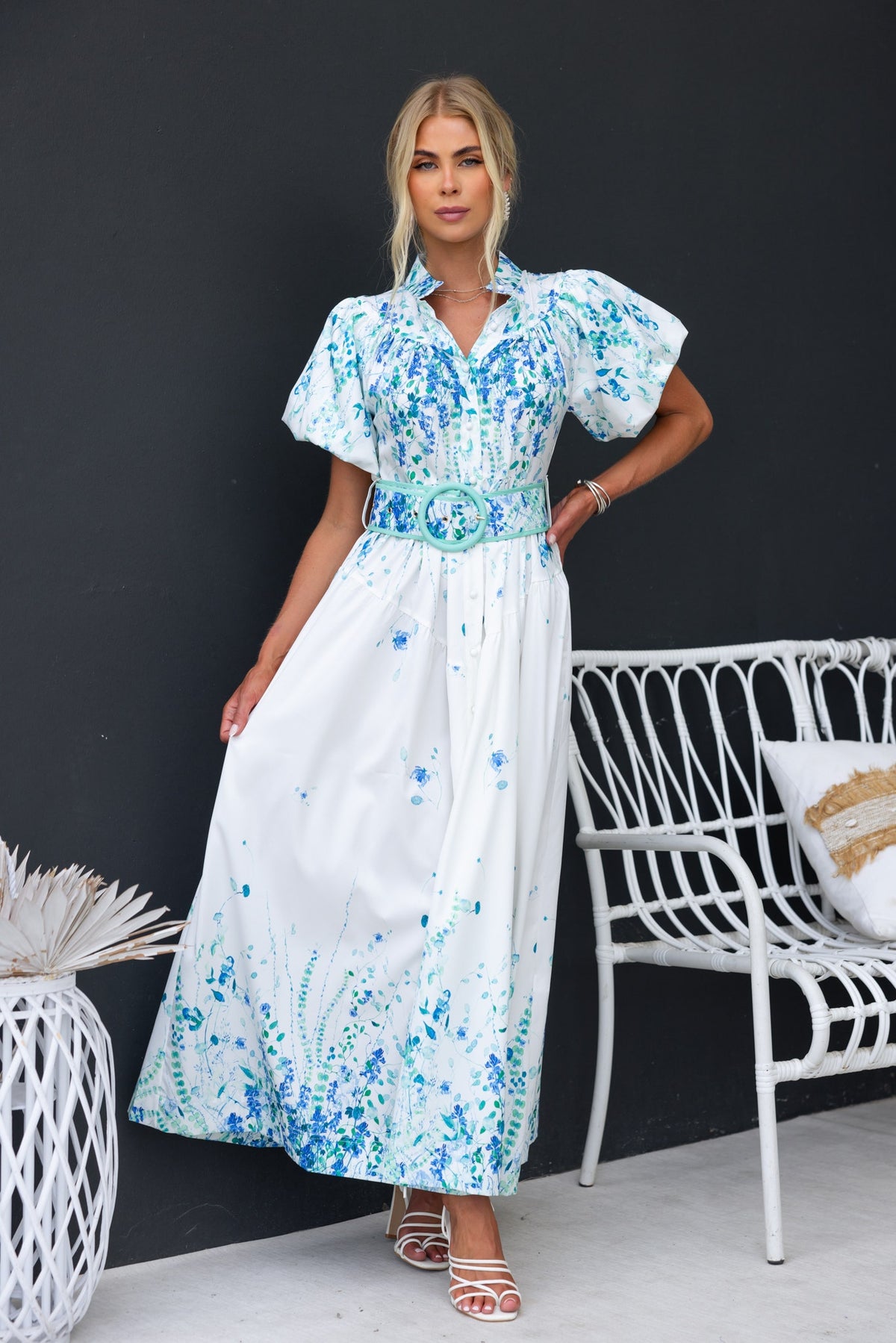 Younger Now Maxi Dress in floral print, featuring a high neckline and removable belt, styled for a relaxed fit.